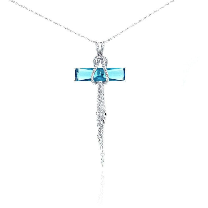 Silver 925 Rhodium Plated Blue CZ Hanging Strand Pendant Necklace - STP00465BL | Silver Palace Inc.