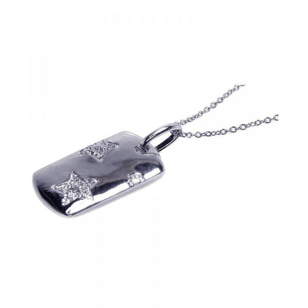 Silver 925 Rhodium Plated Pave Set Clear CZ Star Dog Tag Pendant Necklace - STP00497 | Silver Palace Inc.