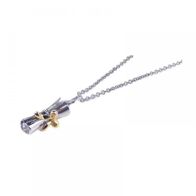 Silver 925 Rhodium and Gold Plated Ribbon Pendant Rolled Up Diploma Necklace - STP00508 | Silver Palace Inc.