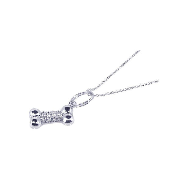 Silver 925 Rhodium Plated Pave Set Clear CZ Dog Bone Pendant Necklace - STP00513 | Silver Palace Inc.