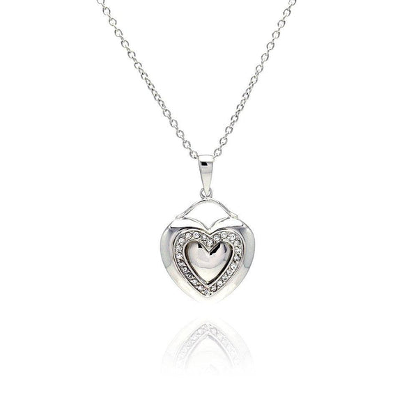 Silver 925 Rhodium Plated Heart Clear CZ Inlay Dangling Necklace - STP00526 | Silver Palace Inc.
