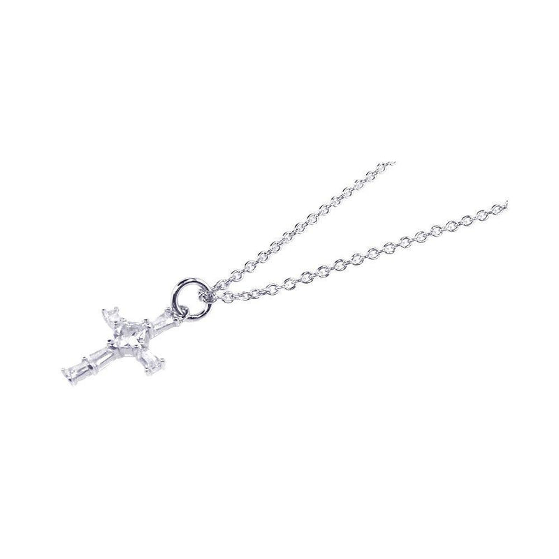 Silver 925 Rhodium Plated Cross Baguette and Square CZ Dangling Ring Necklace - STP00534 | Silver Palace Inc.