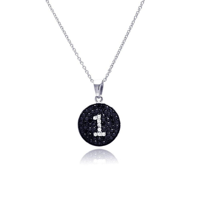 Closeout-Silver 925 Black and Silver Rhodium Plated Number One Black and Clear CZ Dangling Necklace - STP00539 | Silver Palace Inc.