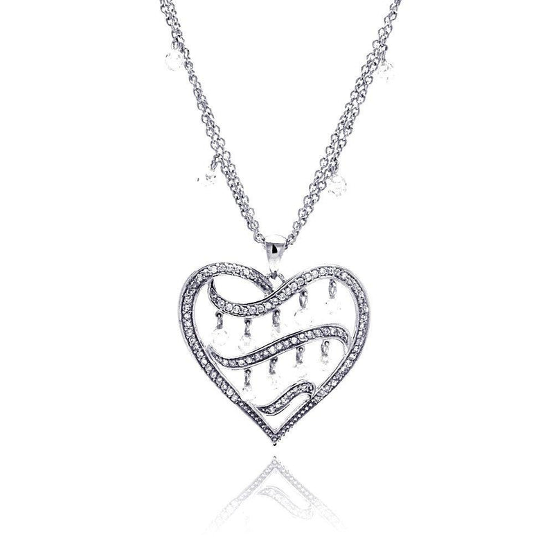 Closeout-Silver 925 Rhodium Plated Filigree Heart CZ Chandelier Dangling Necklace - STP00591 | Silver Palace Inc.