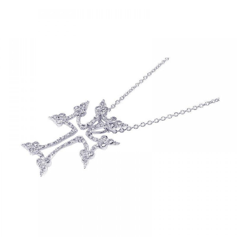 Silver 925 Rhodium Plated Clear CZ Tree Cross Pendant Necklace - STP00602 | Silver Palace Inc.