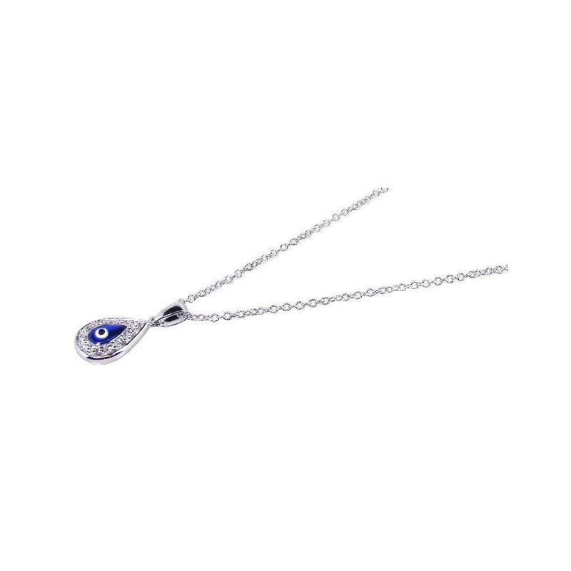 Silver 925 Rhodium Plated Clear CZ Evil Eye - Blue Drop Shape Pendant Necklace - STP00604 | Silver Palace Inc.