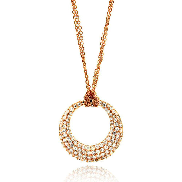 Closeout-Silver 925 Rose Gold Plated Clear CZ Circle Pendant Necklace - STP00631RGP | Silver Palace Inc.