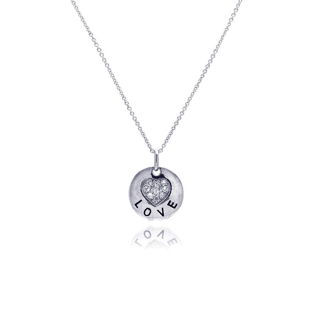 Closeout-Silver 925 Rhodium Plated Clear CZ Love Round Pendant Necklace - STP00639 | Silver Palace Inc.