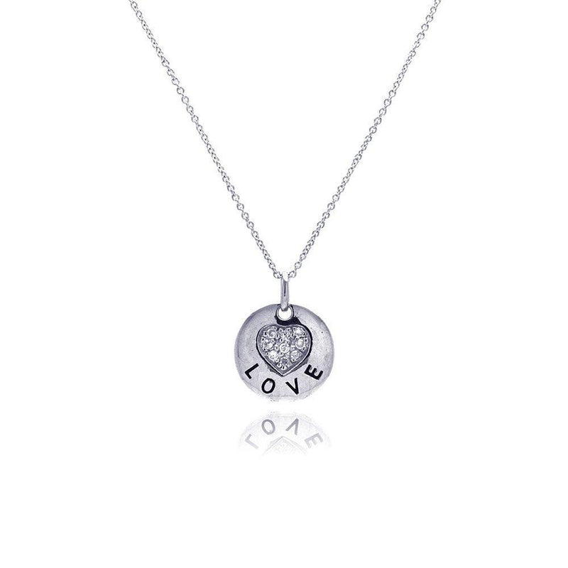 Closeout-Silver 925 Rhodium Plated Clear CZ Love Round Pendant Necklace - STP00639 | Silver Palace Inc.