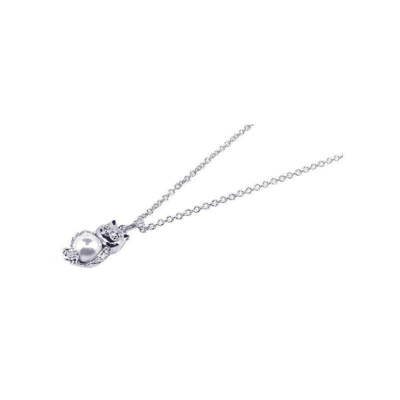 Silver 925 Rhodium Plated Pearl and CZ Owl Pendant Necklace - STP00640 | Silver Palace Inc.