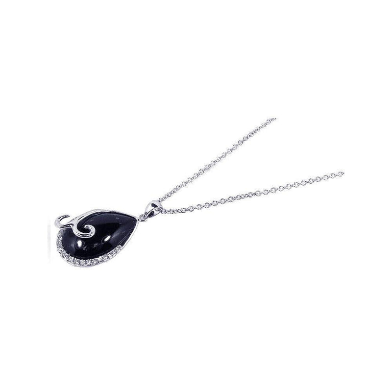 Closeout-Silver 925 Rhodium Plated Onyx Drop-shape Pendant Necklace - STP00641 | Silver Palace Inc.