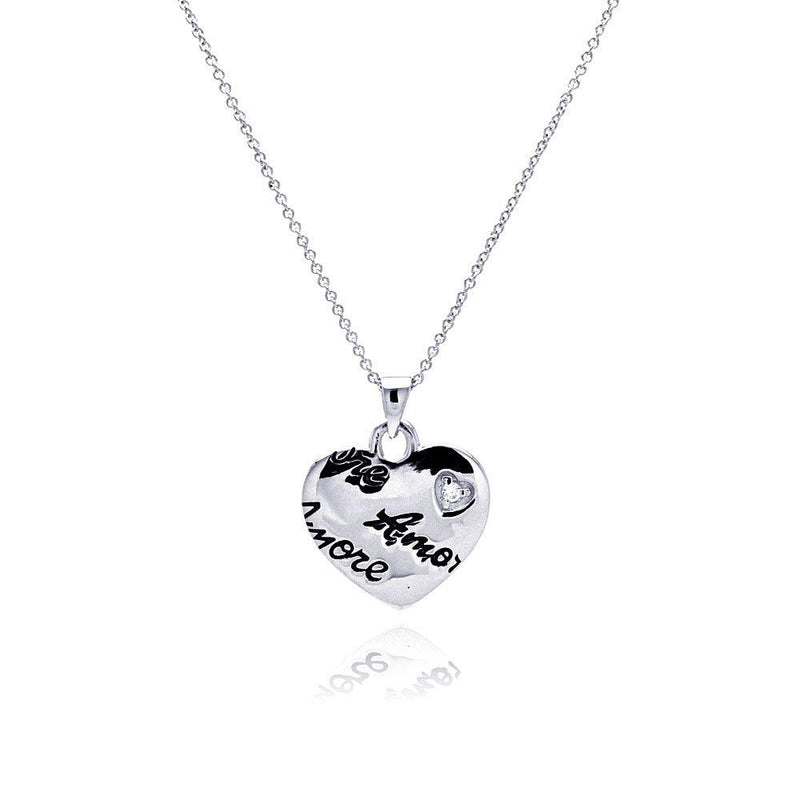 Closeout-Silver 925 Rhodium Plated Clear CZ Amore Love Heart Pendant Necklace - STP00648 | Silver Palace Inc.