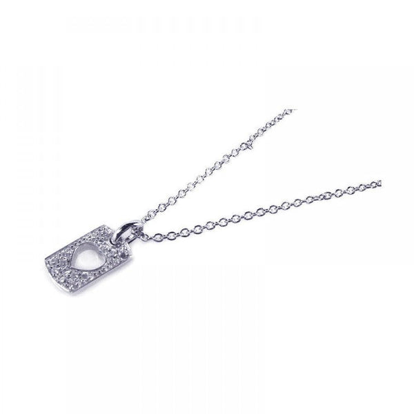 Silver 925 Rhodium Plated Clear CZ Heart Rectangle Dogtag Pendant Necklace - STP00651 | Silver Palace Inc.