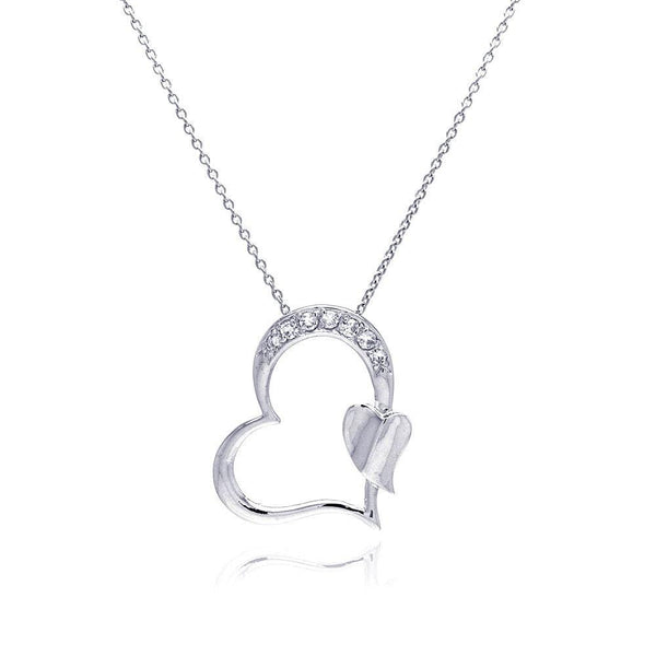 Silver 925 Rhodium Plated Clear CZ Heart Pendant Necklace - STP00688 | Silver Palace Inc.