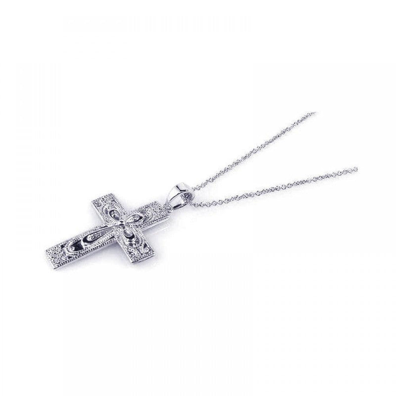Silver 925 Rhodium Plated Clear CZ Cross Pendant Necklace - STP00721 | Silver Palace Inc.
