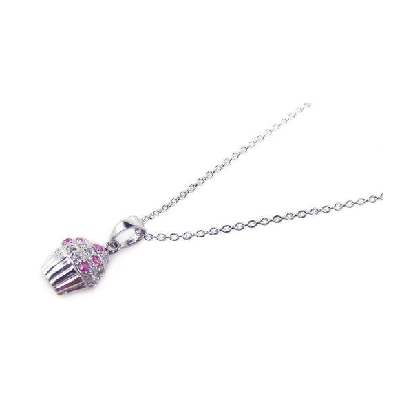 Silver 925 Rhodium Plated Clear and Pink CZ Cupcake Pendant Necklace - STP00740 | Silver Palace Inc.