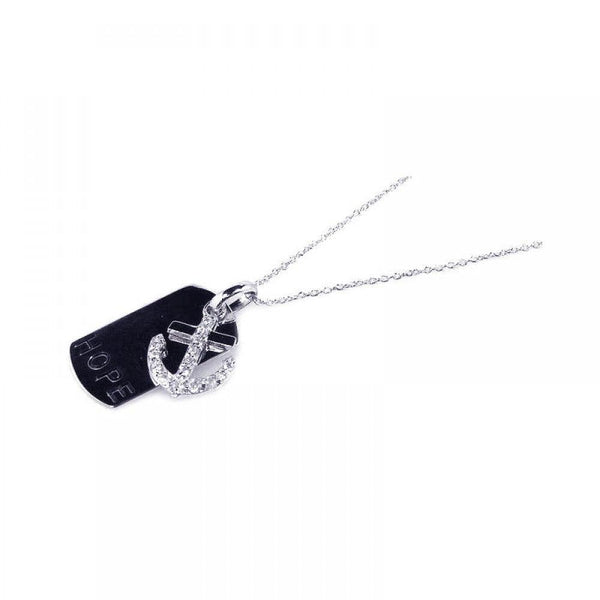 Silver 925 Rhodium Plated Clear CZ Anchor Black Dogtag Pendant Necklace - STP00754 | Silver Palace Inc.