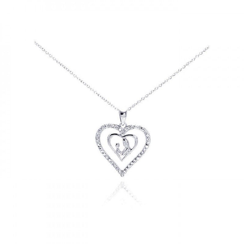 Silver 925 Rhodium Plated Clear CZ Figurine Heart Pendant Necklace - STP00765 | Silver Palace Inc.