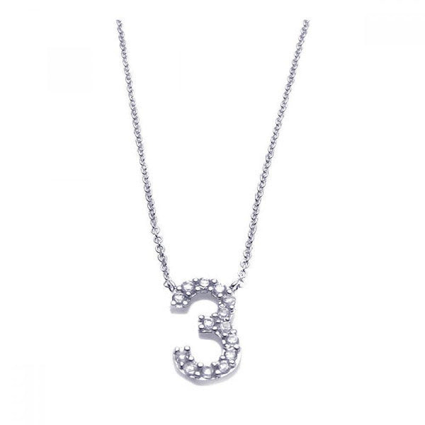 Silver 925 Rhodium Plated Clear CZ Number 3 Pendant Necklace - STP00790 | Silver Palace Inc.