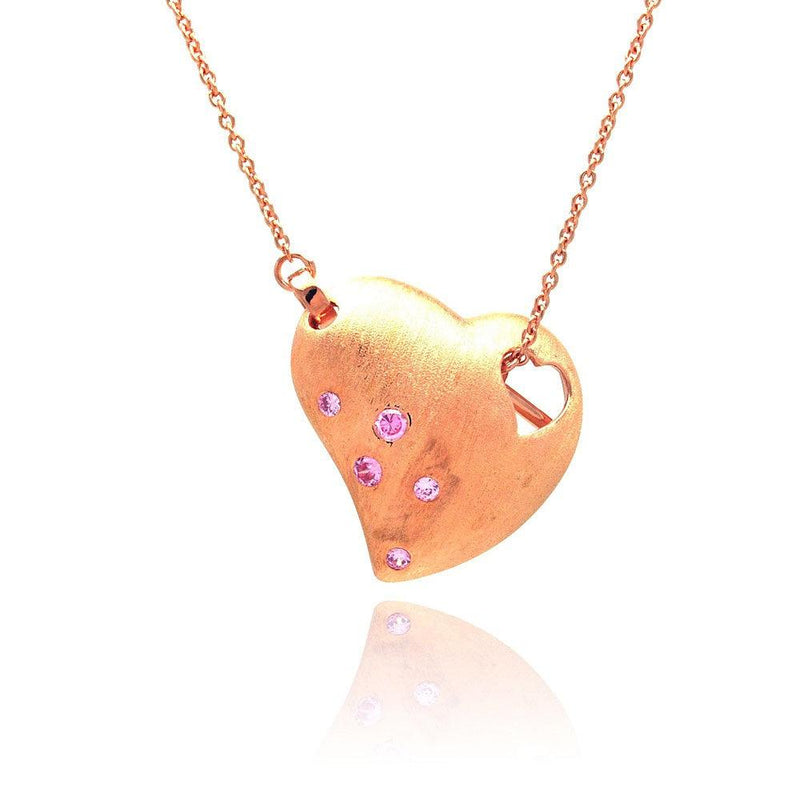 Closeout-Silver 925 Rose Gold Plated Clear CZ Heart Pendant Necklace - STP00808 | Silver Palace Inc.