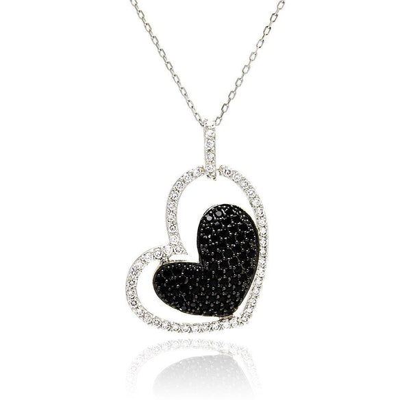 Closeout-Silver 925 Rhodium and Black Rhodium Plated Clear and Black CZ Heart Pendant Necklace - STP00819 | Silver Palace Inc.