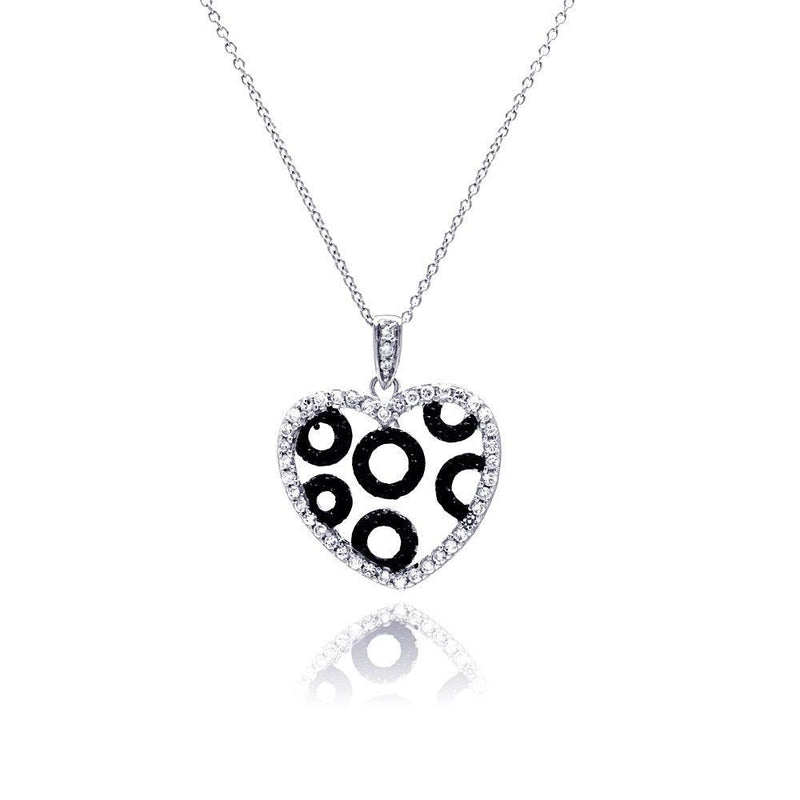 Closeout-Silver 925 Rhodium and Black Rhodium Plated Clear and Black CZ Heart Circles Pendant Necklace - STP00820 | Silver Palace Inc.