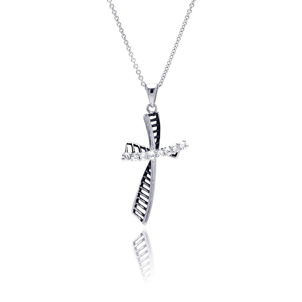 Closeout-Silver 925 Rhodium Plated Clear CZ Cross Pendant Necklace - STP00824 | Silver Palace Inc.