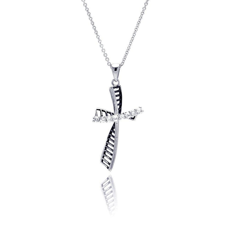 Closeout-Silver 925 Rhodium Plated Clear CZ Cross Pendant Necklace - STP00824 | Silver Palace Inc.