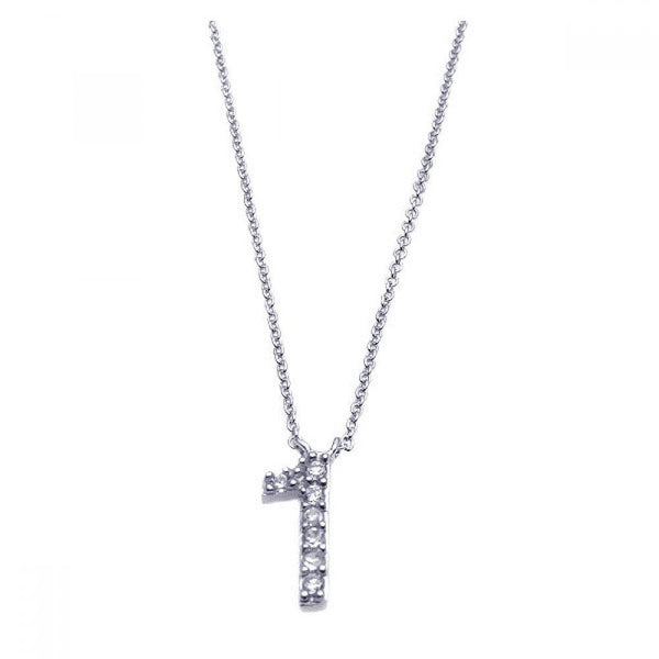 Silver 925 Rhodium Plated Clear CZ Number 1 Pendant Necklace - STP00829 | Silver Palace Inc.
