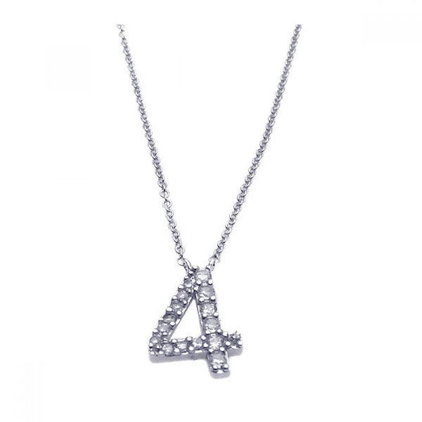 Silver 925 Rhodium Plated Clear CZ Number 4 Pendant Necklace - STP00831 | Silver Palace Inc.