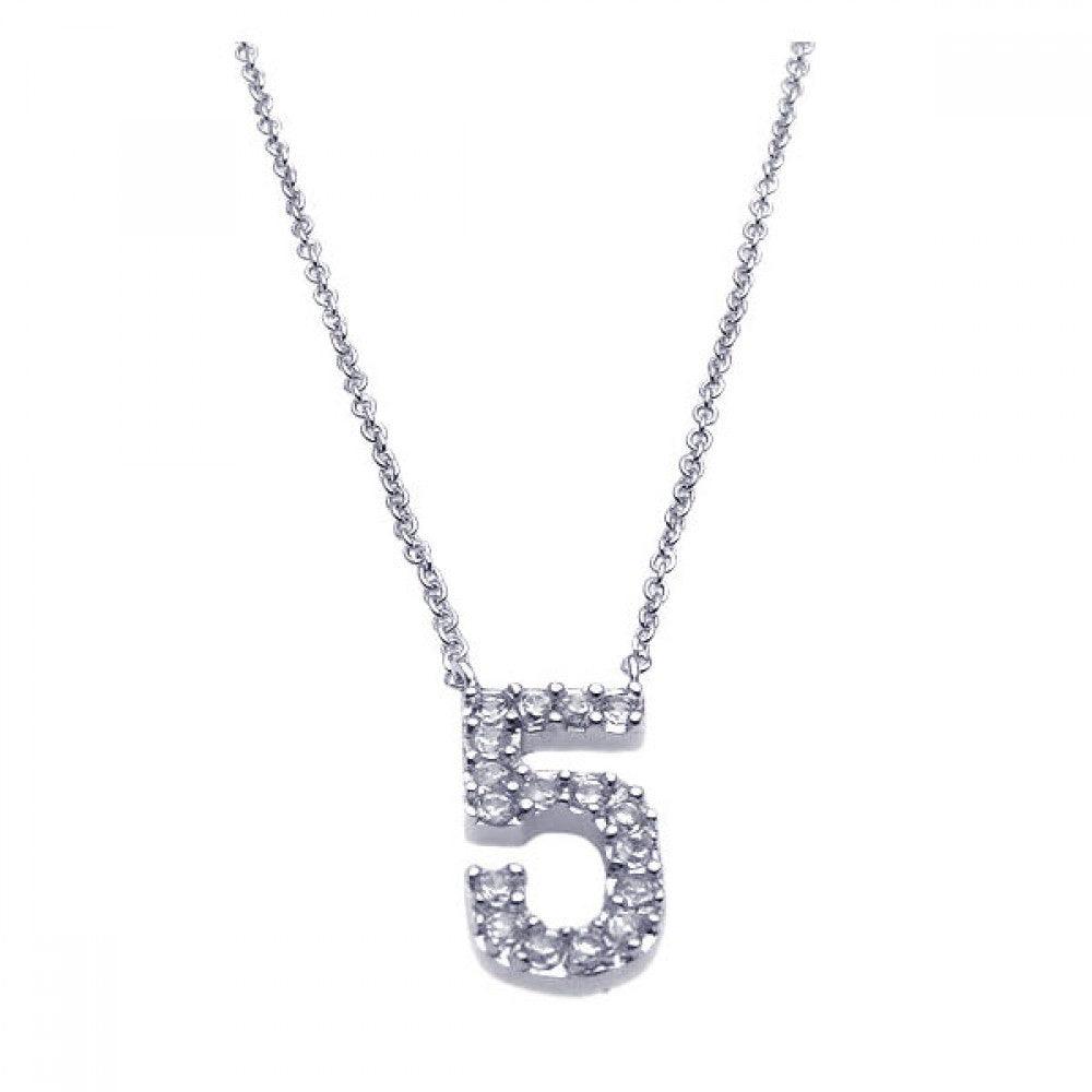 Silver 925 Rhodium Plated Clear CZ Number 5 Pendant Necklace - STP00832 | Silver Palace Inc.