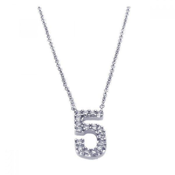 Silver 925 Rhodium Plated Clear CZ Number 5 Pendant Necklace - STP00832 | Silver Palace Inc.