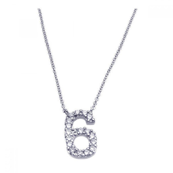 Silver 925 Rhodium Plated Clear CZ Number 6 Pendant Necklace - STP00833 | Silver Palace Inc.