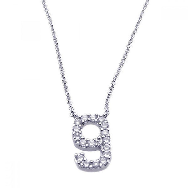 Silver 925 Rhodium Plated Clear CZ Number 9 Pendant Necklace - STP00836 | Silver Palace Inc.