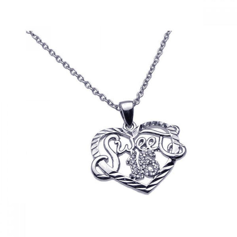 Silver 925 Rhodium Plated Clear CZ Sweet 16 Pendant Necklace - STP00904 | Silver Palace Inc.