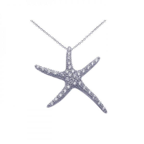 Silver 925 Rhodium Plated Clear CZ Starfish Pendant Necklace - STP00886 | Silver Palace Inc.