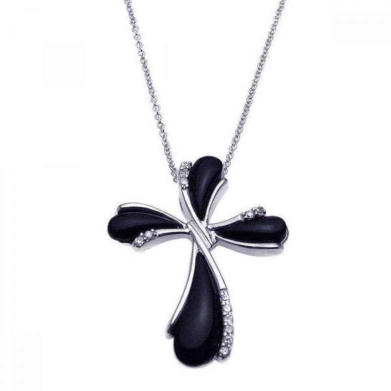 Silver 925 Rhodium Plated Clear CZ Black Pear Cross Pendant Necklace - STP00890 | Silver Palace Inc.