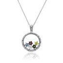 Silver 925 Rhodium Plated Clear CZ Circle Colorful Stars Pendant Necklace - STP00891 | Silver Palace Inc.