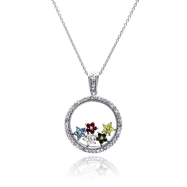 Silver 925 Rhodium Plated Clear CZ Circle Colorful Stars Pendant Necklace - STP00891 | Silver Palace Inc.