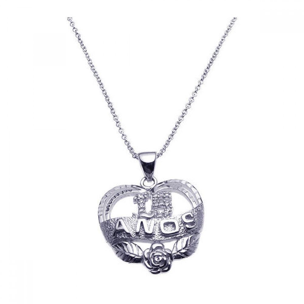 Silver 925 Rhodium Plated Clear CZ 15 Quince Pendant Necklace - STP00903 | Silver Palace Inc.