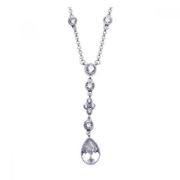 Silver 925 Rhodium Plated Clear CZ Dangling Pendant Necklace - STP00911 | Silver Palace Inc.