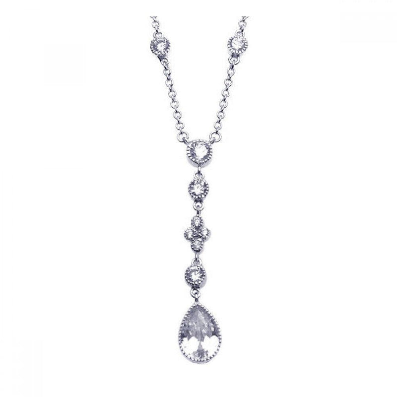 Silver 925 Rhodium Plated Clear CZ Dangling Pendant Necklace - STP00911 | Silver Palace Inc.