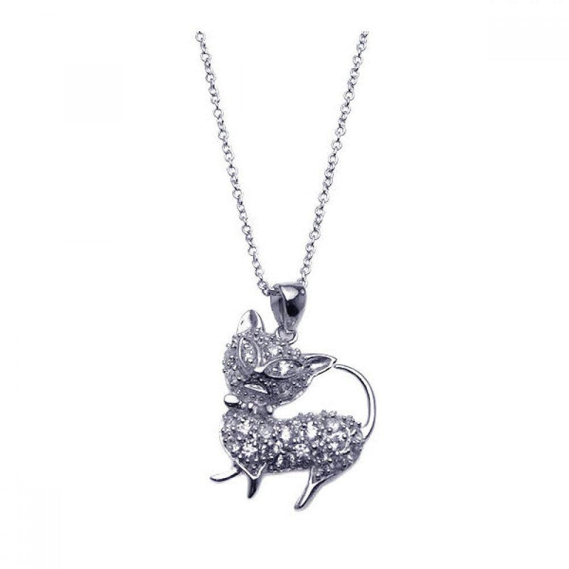 Silver 925 Rhodium Plated Clear CZ Cat Pendant Necklace - STP00918 | Silver Palace Inc.