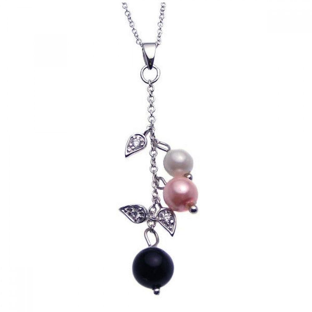 Closeout-Silver 925 Rhodium Plated Clear CZ Pearls Flower Pendant Necklace - STP00919 | Silver Palace Inc.