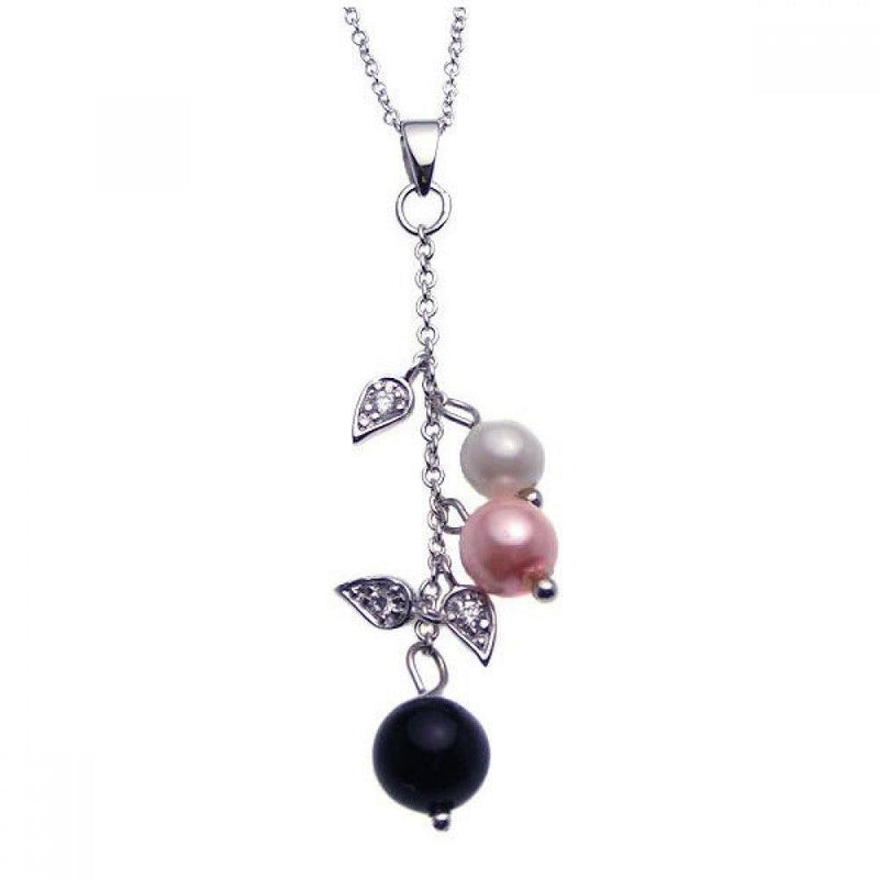 Closeout-Silver 925 Rhodium Plated Clear CZ Pearls Flower Pendant Necklace - STP00919 | Silver Palace Inc.