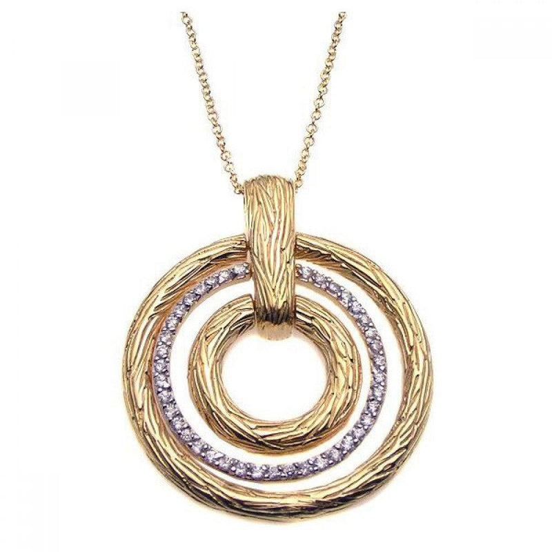 Closeout-Silver 925 Gold Plated Clear CZ Triple Circle Pendant Necklace - STP00923 | Silver Palace Inc.
