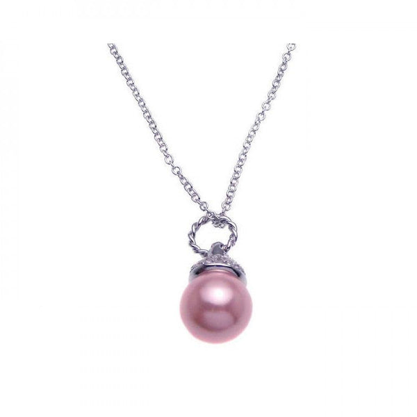 Silver 925 Rhodium Plated Clear CZ and Pink Pearl Pendant Necklace - STP00939PNK | Silver Palace Inc.