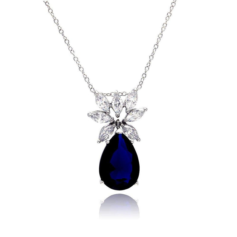 Silver 925 Rhodium Plated Clear CZ and Blue Pear CZ Pendant Necklace - STP00941BLUE | Silver Palace Inc.
