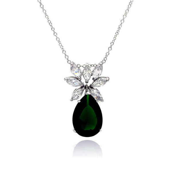 Silver 925 Rhodium Plated Clear CZ and Green Pear CZ Pendant Necklace - STP00941GREEN | Silver Palace Inc.
