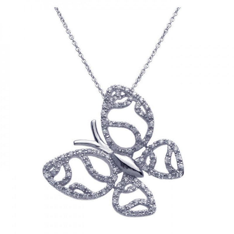 Silver 925 Rhodium Plated Clear CZ Butterfly Pendant Necklace - STP00954 | Silver Palace Inc.